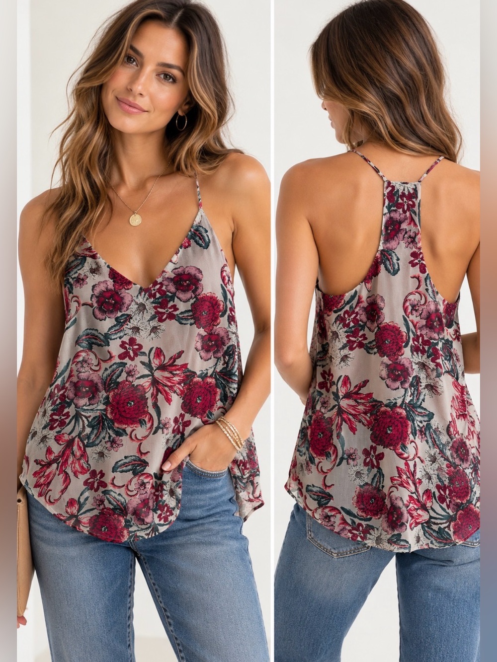 Lavender Brown Madora Racerback Silk Cami Off White Floral Size XS